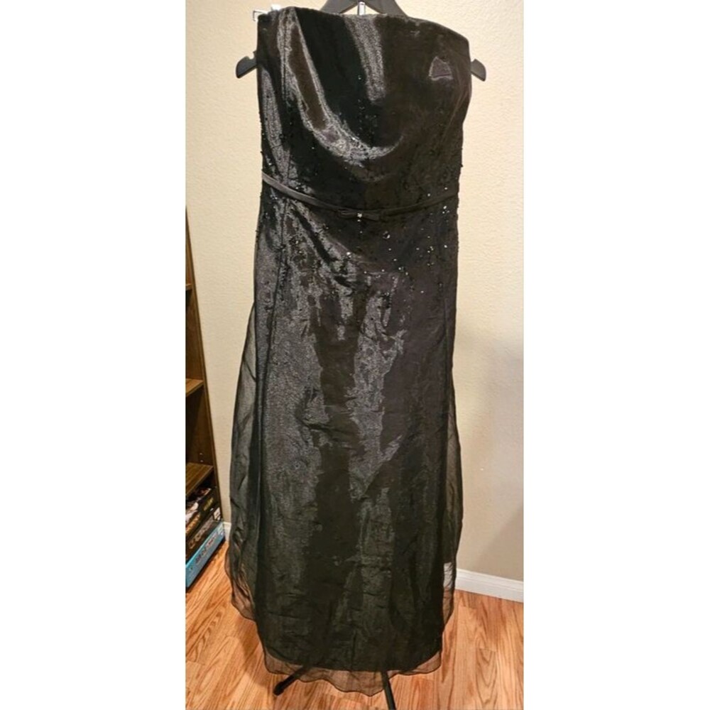 David's Bridal Strapless Black Sequin Dress with Sheer Overlay